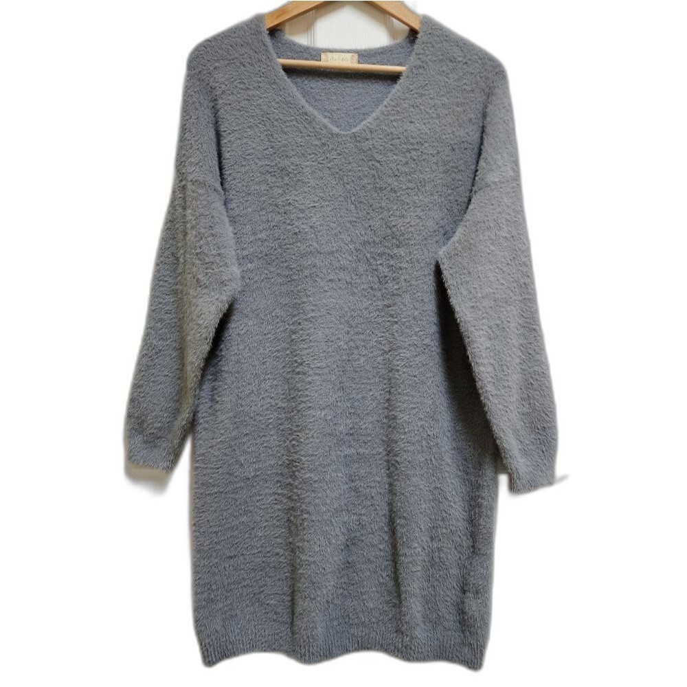 Altar'd State Long Slv V Neck Fuzzy Oversized Mini Sweater Dress Sz S Cozy Soft